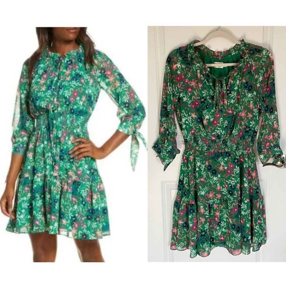 Eliza J. Green Pink Floral Smocked Waist Chiffon Dress 29974